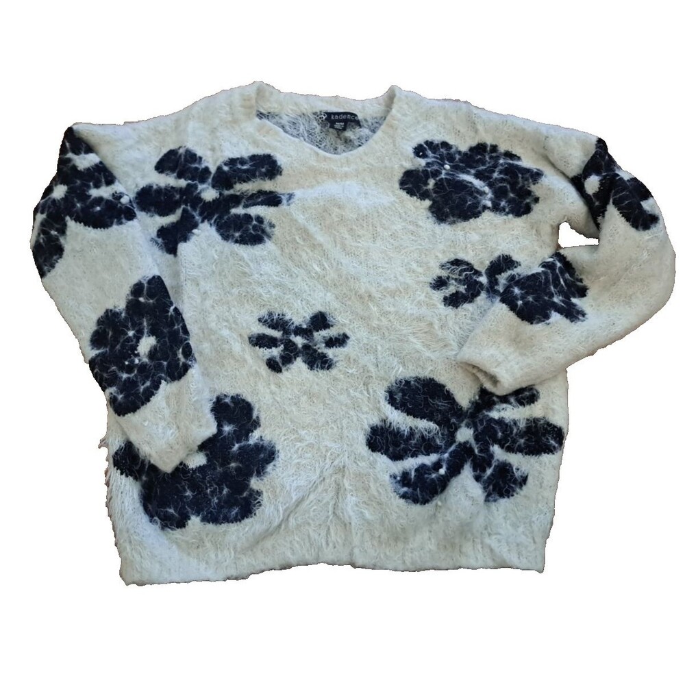 Womens Faux Mohair Sweater Womens Cropped White Black Floral Kadence Medium